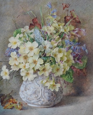 E. Mary Burgess (1787-1961), watercolour, Still life of pansies in a jug, partial James Bourlet & Sons label verso, together with Annie L. Pressland, Still life of flowers in a vase, signed, E. Stacy-Marks label verso, l